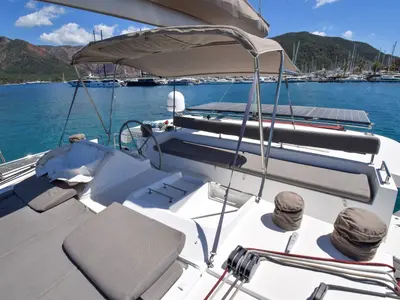 Cockpit of Loryma Sailing, a Lagoon 450 catamaran at Marmaris, Turkey