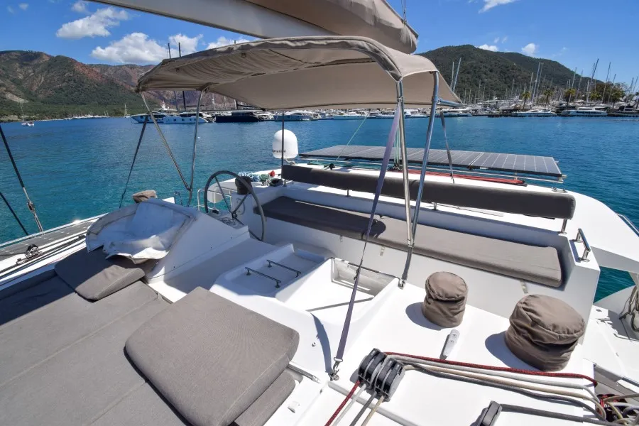 Cockpit of Loryma Sailing, a Lagoon 450 catamaran at Marmaris, Turkey