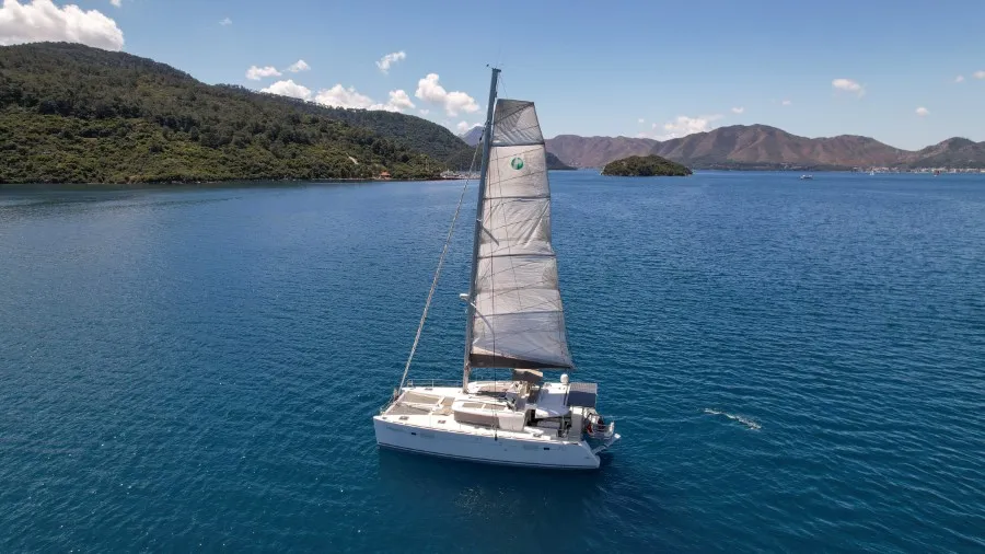 Exterior view of Loryma Sailing, a Lagoon 450 catamaran at Marmaris, Turkey