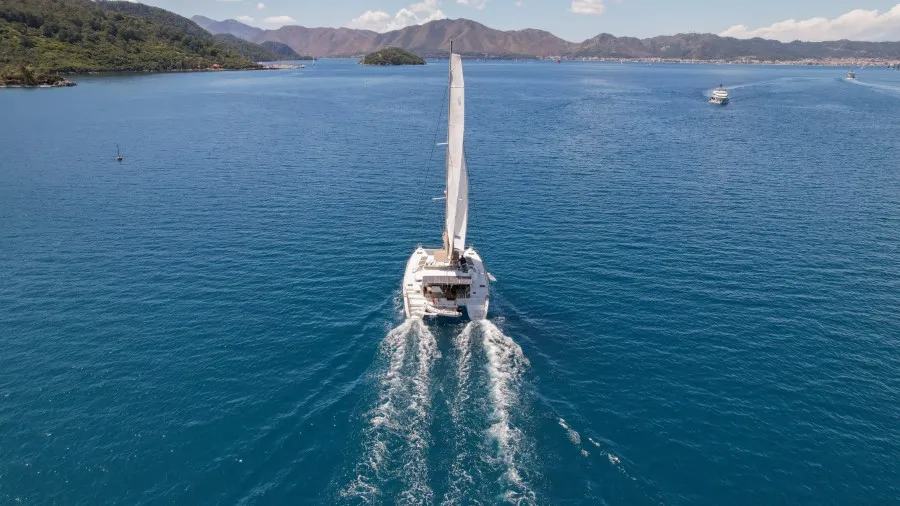 Exterior view of Loryma Sailing, a Lagoon 450 catamaran at Marmaris, Turkey