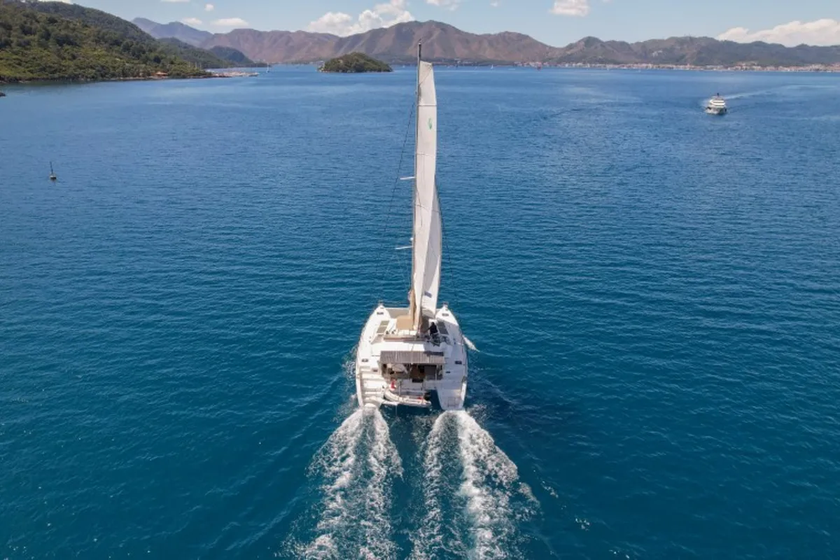 Exterior view of Loryma Sailing, a Lagoon 450 catamaran at Marmaris, Turkey