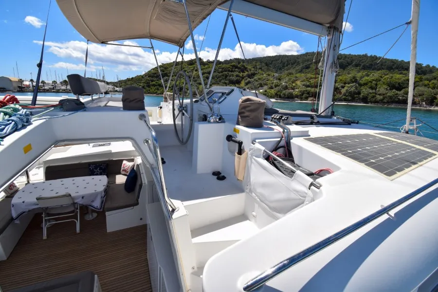 Cockpit of Loryma Sailing, a Lagoon 450 catamaran at Marmaris, Turkey