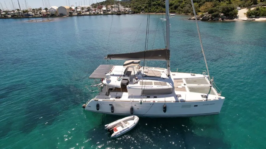 Exterior view of Loryma Sailing, a Lagoon 450 catamaran at Marmaris, Turkey