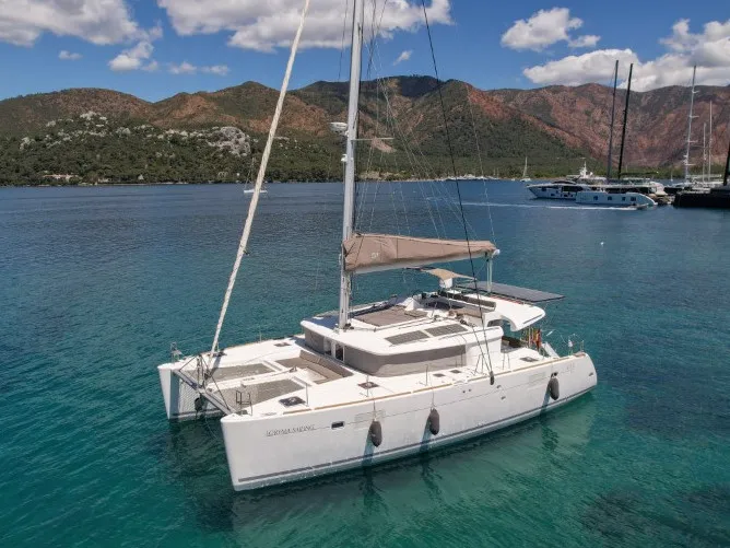Exterior view of Loryma Sailing, a Lagoon 450 catamaran at Marmaris, Turkey