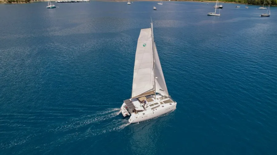 Exterior view of Loryma Sailing, a Lagoon 450 catamaran at Marmaris, Turkey