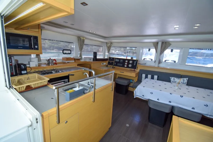 Salon of Loryma Sailing, a Lagoon 450 catamaran at Marmaris, Turkey