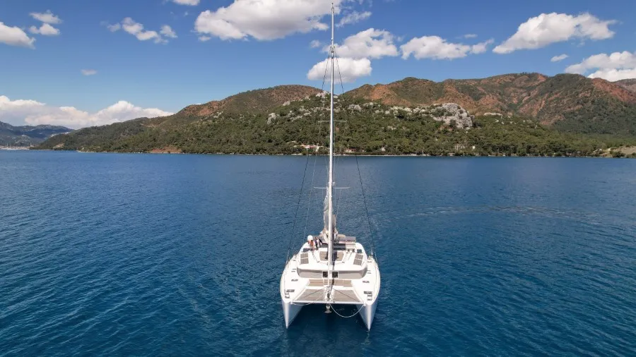 Exterior view of Loryma Sailing, a Lagoon 450 catamaran at Marmaris, Turkey