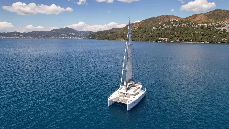 Exterior view of Loryma Sailing, a Lagoon 450 catamaran at Marmaris, Turkey