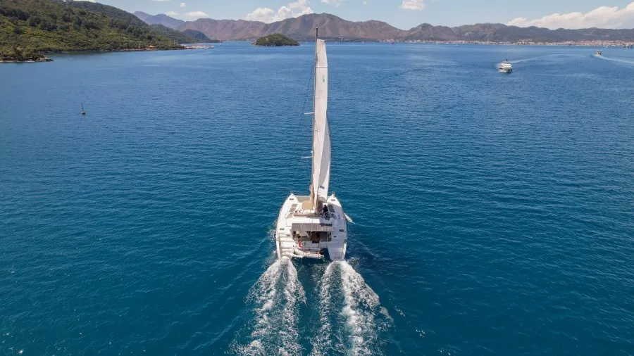 Exterior view of Loryma Sailing, a Lagoon 450 catamaran at Marmaris, Turkey