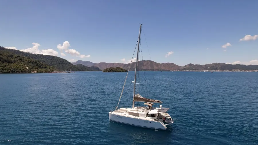 Exterior view of Loryma Sailing, a Lagoon 450 catamaran at Marmaris, Turkey