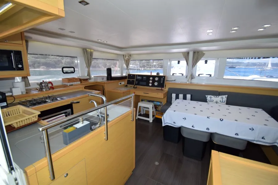 Salon of Loryma Sailing, a Lagoon 450 catamaran at Marmaris, Turkey