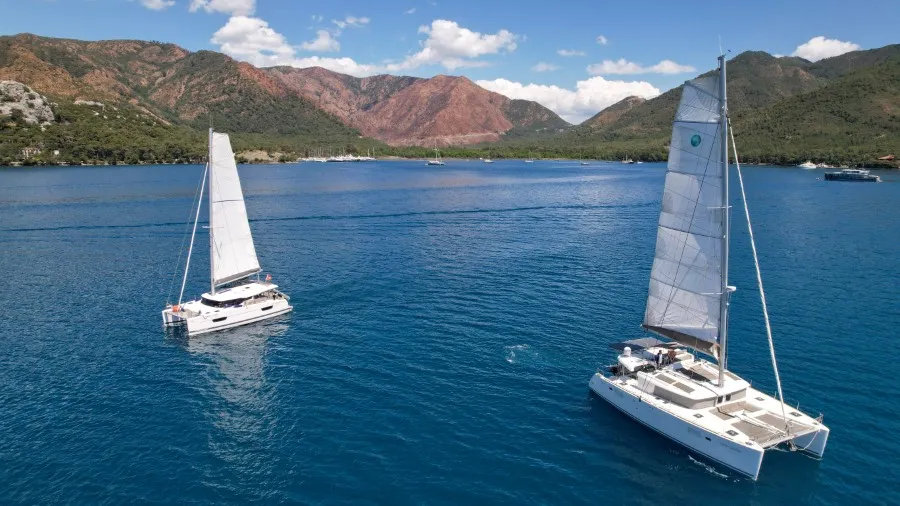 Exterior view of Loryma Sailing, a Lagoon 450 catamaran at Marmaris, Turkey