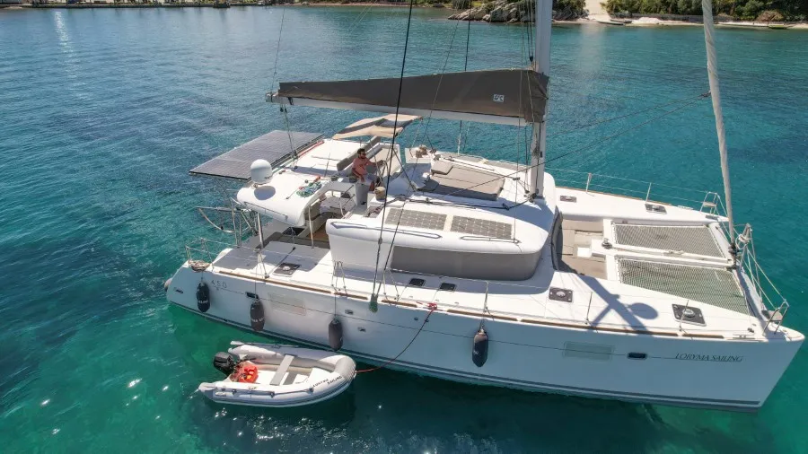 Exterior view of Loryma Sailing, a Lagoon 450 catamaran at Marmaris, Turkey