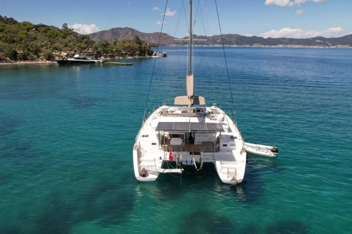 Exterior view of Loryma Sailing, a Lagoon 450 catamaran at Marmaris, Turkey
