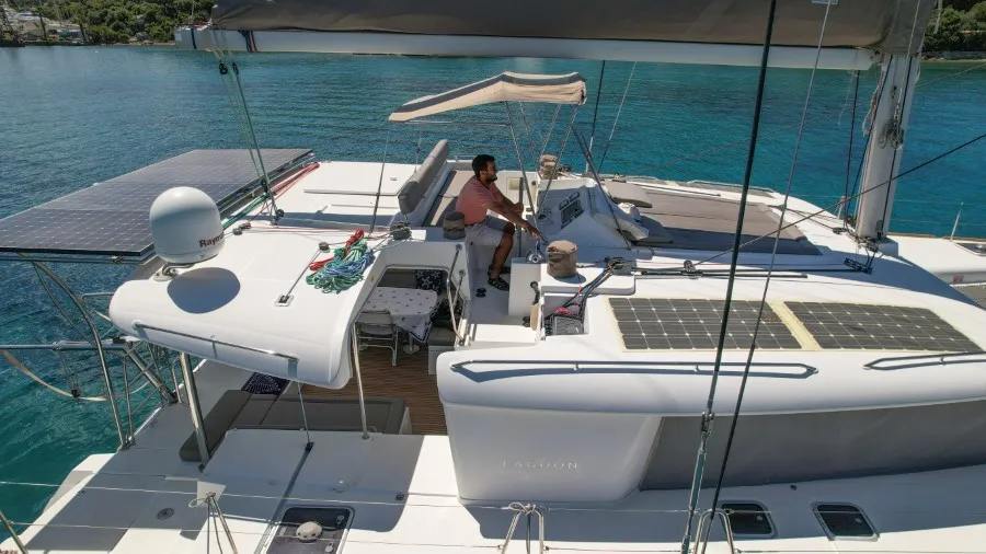 Cockpit of Loryma Sailing, a Lagoon 450 catamaran at Marmaris, Turkey