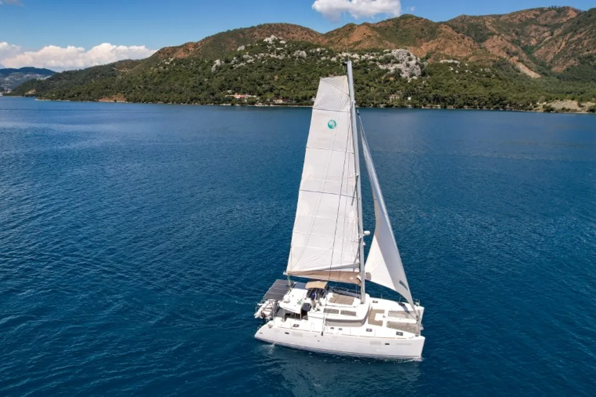 Exterior view of Loryma Sailing, a Lagoon 450 catamaran at Marmaris, Turkey