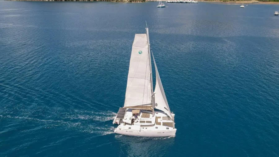 Exterior view of Loryma Sailing, a Lagoon 450 catamaran at Marmaris, Turkey