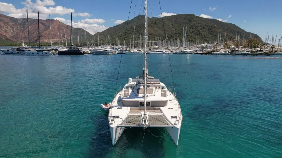 Exterior view of Loryma Sailing, a Lagoon 450 catamaran at Marmaris, Turkey