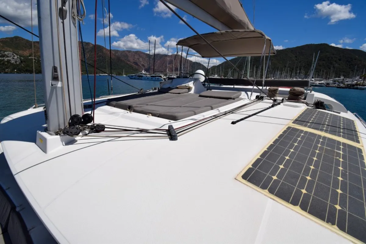 Deck of Loryma Sailing, a Lagoon 450 catamaran at Marmaris, Turkey