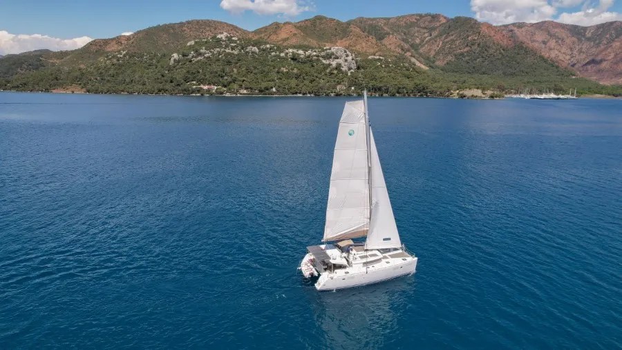 Exterior view of Loryma Sailing, a Lagoon 450 catamaran at Marmaris, Turkey
