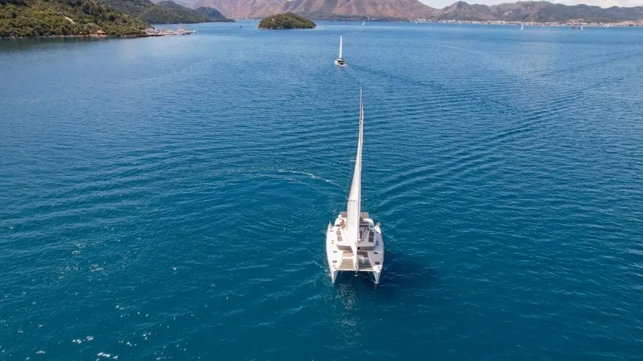 Exterior view of Loryma Sailing, a Lagoon 450 catamaran at Marmaris, Turkey
