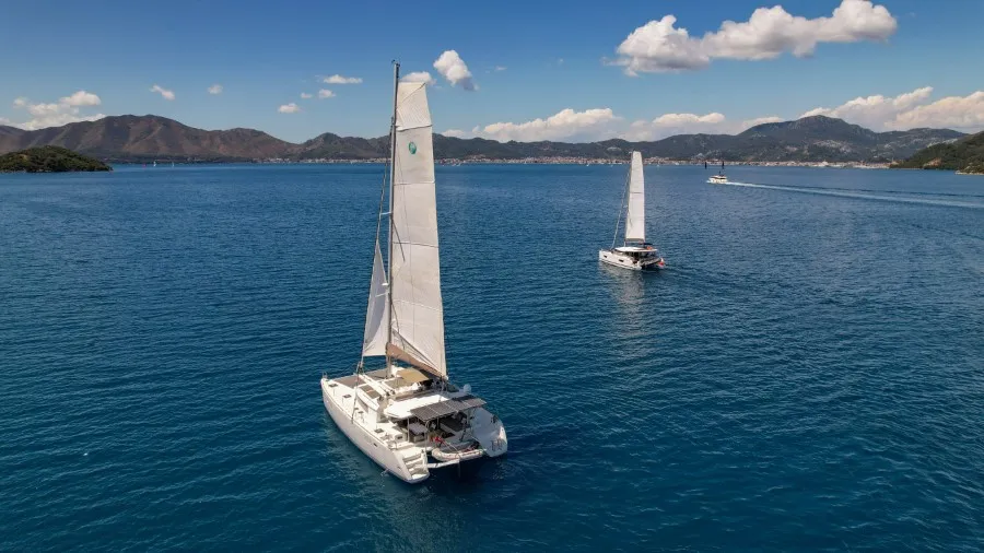 Exterior view of Loryma Sailing, a Lagoon 450 catamaran at Marmaris, Turkey