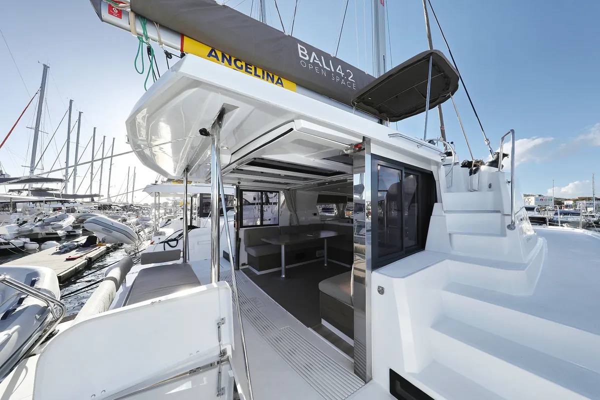 Deck of Aurora, a Bali 4.2 catamaran at Grad Vodice, Croatia