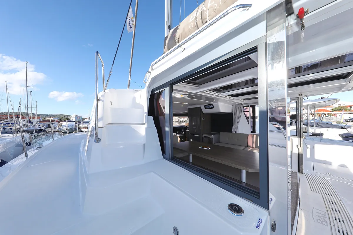 Deck of Aurora, a Bali 4.2 catamaran at Grad Vodice, Croatia