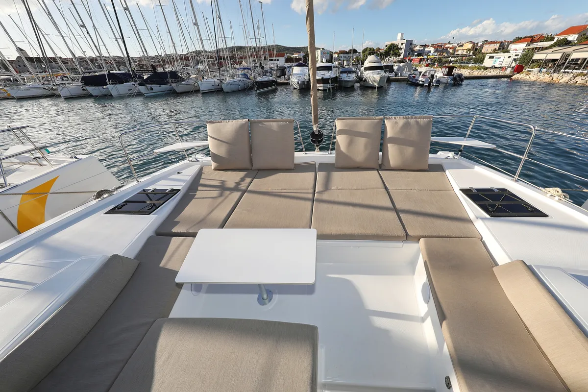Deck of Aurora, a Bali 4.2 catamaran at Grad Vodice, Croatia