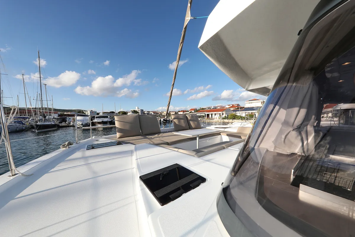 Deck of Aurora, a Bali 4.2 catamaran at Grad Vodice, Croatia