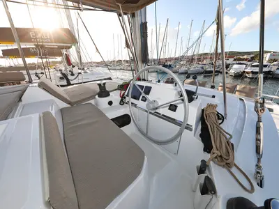 Cockpit of Aurora, a Bali 4.2 catamaran at Grad Vodice, Croatia