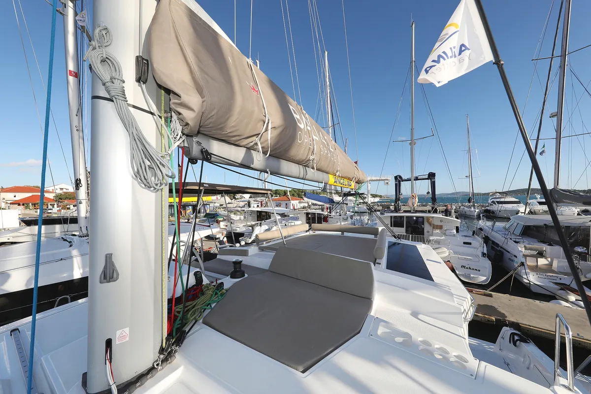 Deck of Aurora, a Bali 4.2 catamaran at Grad Vodice, Croatia