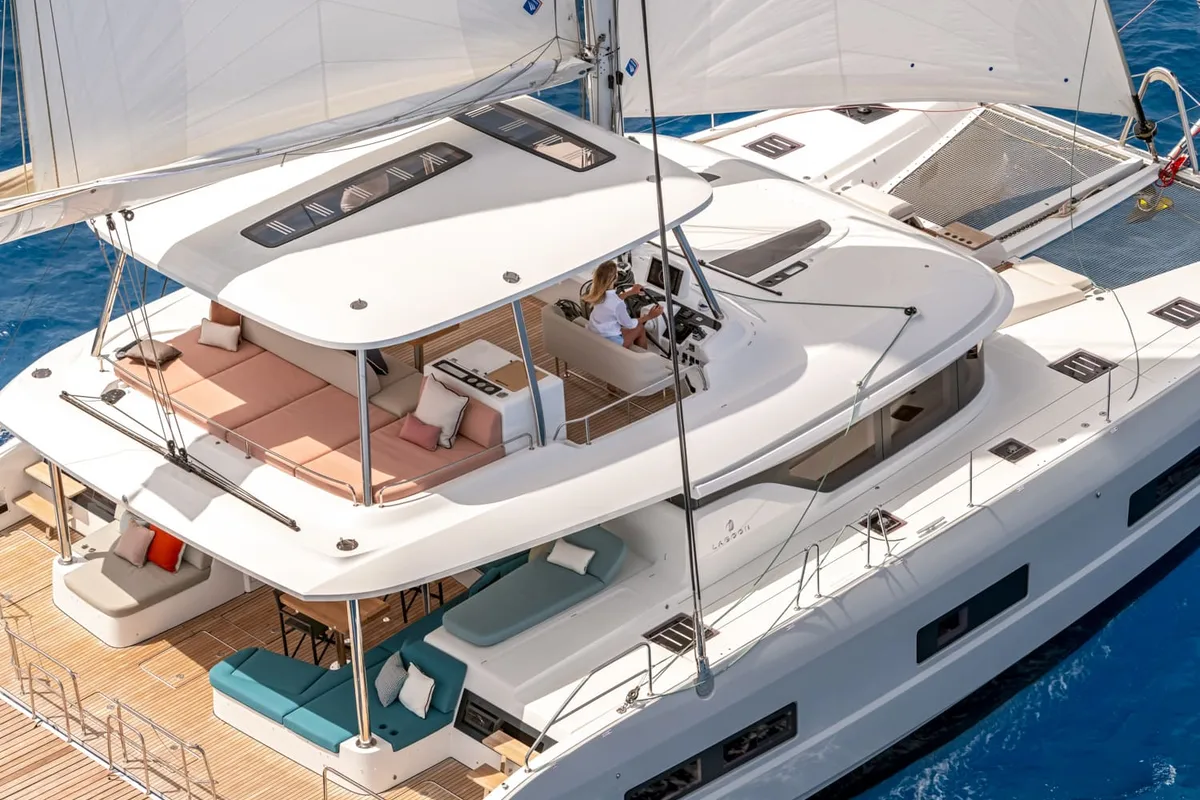 Exterior view of Seas The Day, a Lagoon 55 catamaran at Grad Kaštela, Croatia