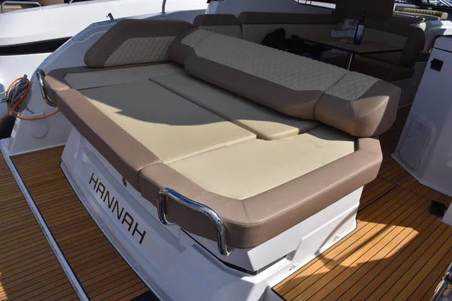 Deck of Hannah, a Bavaria SR38 Hard Top motor yacht at Grad Trogir, Croatia