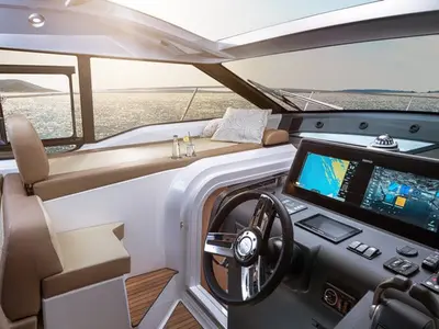 Cockpit of Hannah, a Bavaria SR38 Hard Top motor yacht at Grad Trogir, Croatia