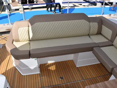 Deck of Hannah, a Bavaria SR38 Hard Top motor yacht at Grad Trogir, Croatia