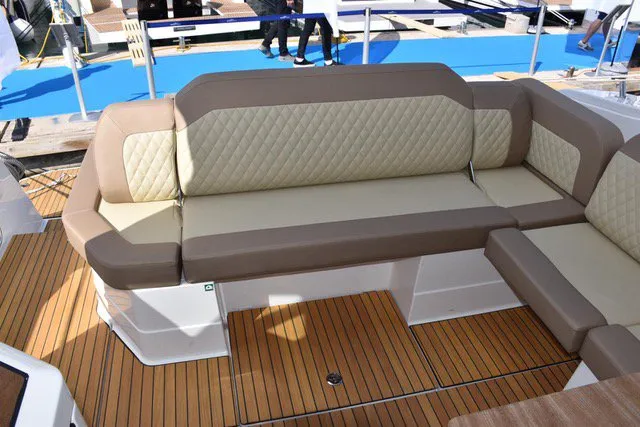 Deck of Hannah, a Bavaria SR38 Hard Top motor yacht at Grad Trogir, Croatia
