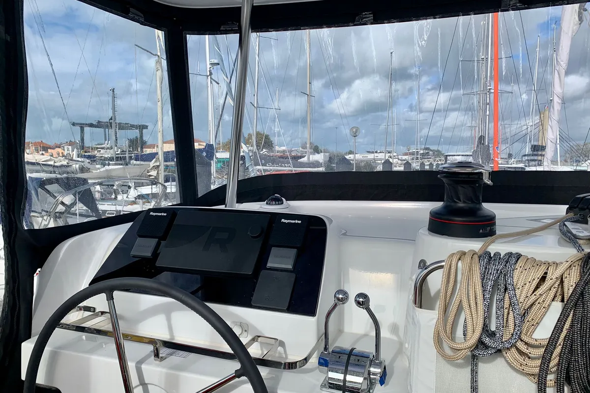 Cockpit of Varuna, a Lagoon 42 catamaran at Roche Caiman, Seychelles