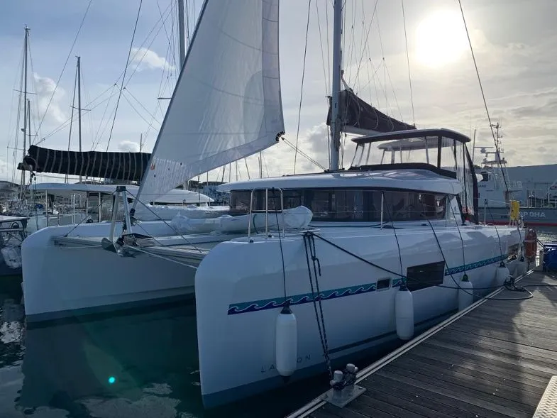 Exterior view of Varuna, a Lagoon 42 catamaran at Roche Caiman, Seychelles