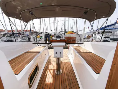 Deck of Spirit of Freedom, a Bavaria Cruiser 34 sailboat at Grad Pula, Croatia