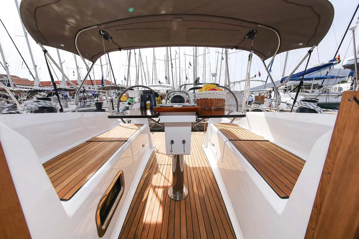 Deck of Spirit of Freedom, a Bavaria Cruiser 34 sailboat at Grad Pula, Croatia
