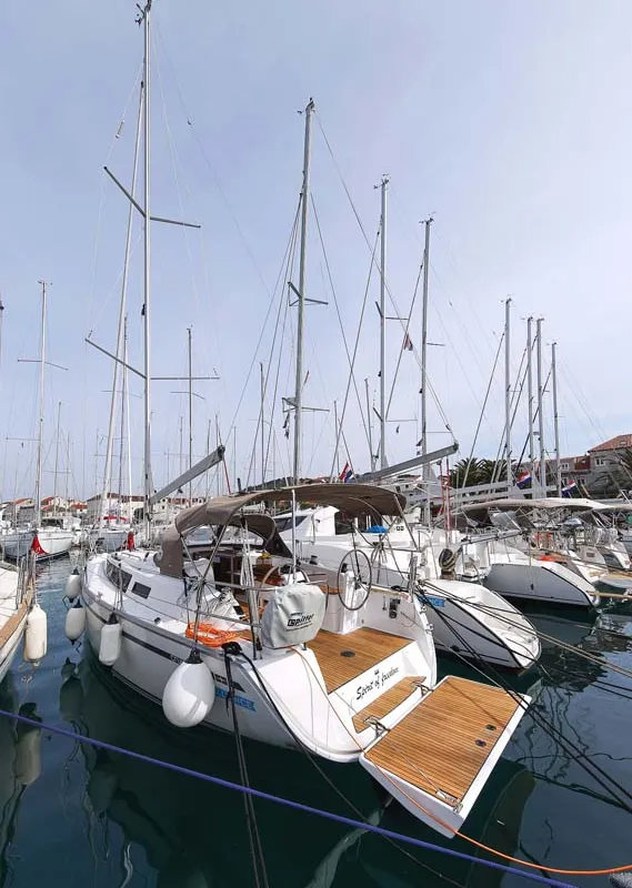 Exterior view of Spirit of Freedom, a Bavaria Cruiser 34 sailboat at Grad Pula, Croatia