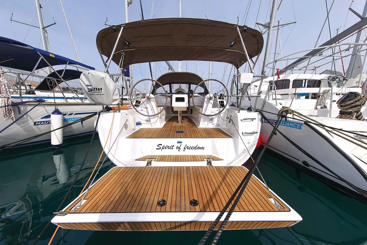 Exterior view of Spirit of Freedom, a Bavaria Cruiser 34 sailboat at Grad Pula, Croatia