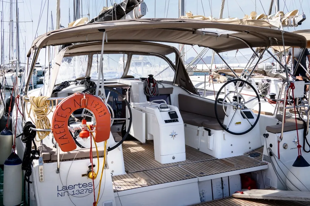 Cockpit of Laertes, a Jeanneau Sun Odyssey 410 sailboat at Kos, Greece