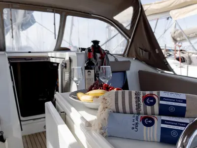 Deck of Laertes, a Jeanneau Sun Odyssey 410 sailboat at Kos, Greece