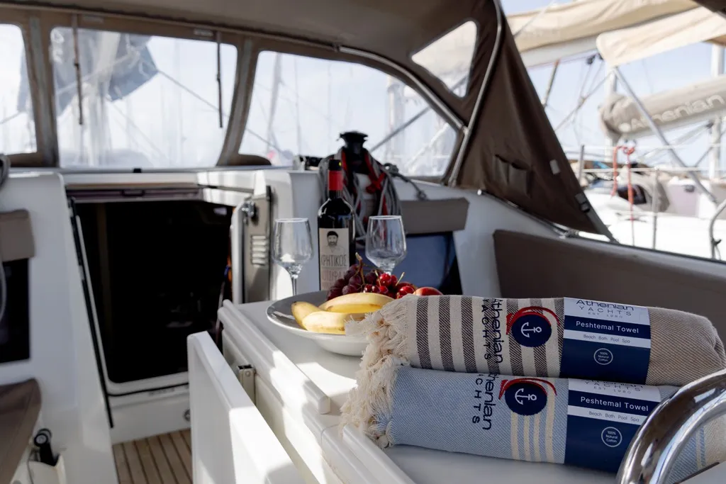 Deck of Laertes, a Jeanneau Sun Odyssey 410 sailboat at Kos, Greece