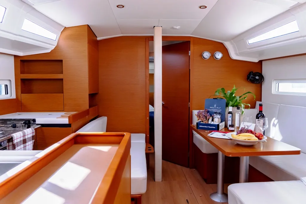 Salon of Laertes, a Jeanneau Sun Odyssey 410 sailboat at Kos, Greece