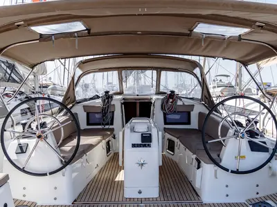 Cockpit of Laertes, a Jeanneau Sun Odyssey 410 sailboat at Kos, Greece