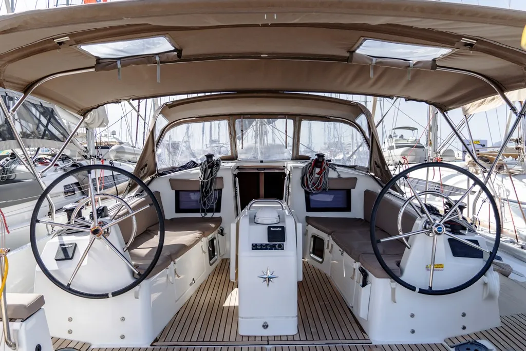 Cockpit of Laertes, a Jeanneau Sun Odyssey 410 sailboat at Kos, Greece