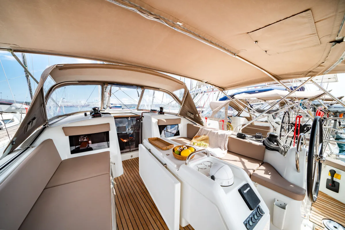 Cockpit of Laertes, a Jeanneau Sun Odyssey 410 sailboat at Kos, Greece